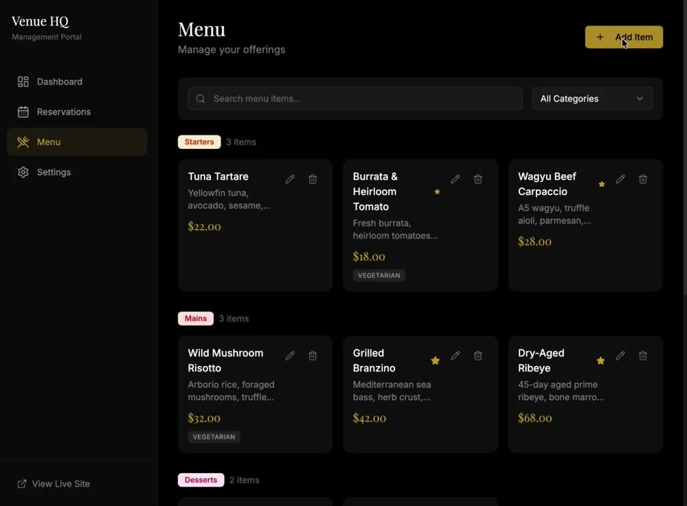 Golden Hour menu dashboard with menu categories and editable item cards